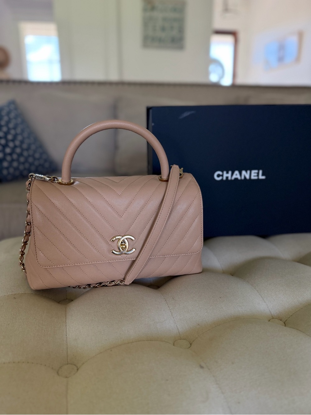 CHANEL Nude beige Quilted Top-Handle Satchel with Chain Strap